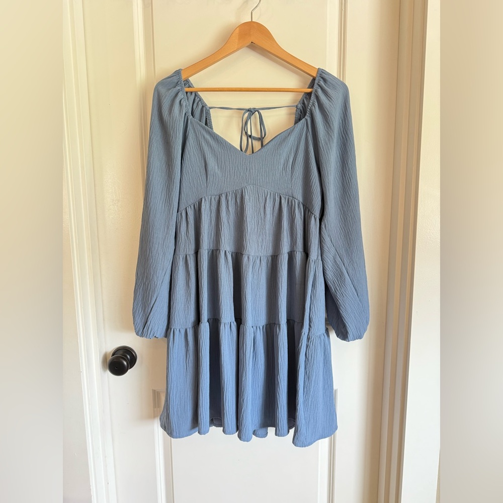 Altar’d State Dusty Blue Tiered Longsleeve Mini Dress with V-neckline Size M - Picture 2 of 9